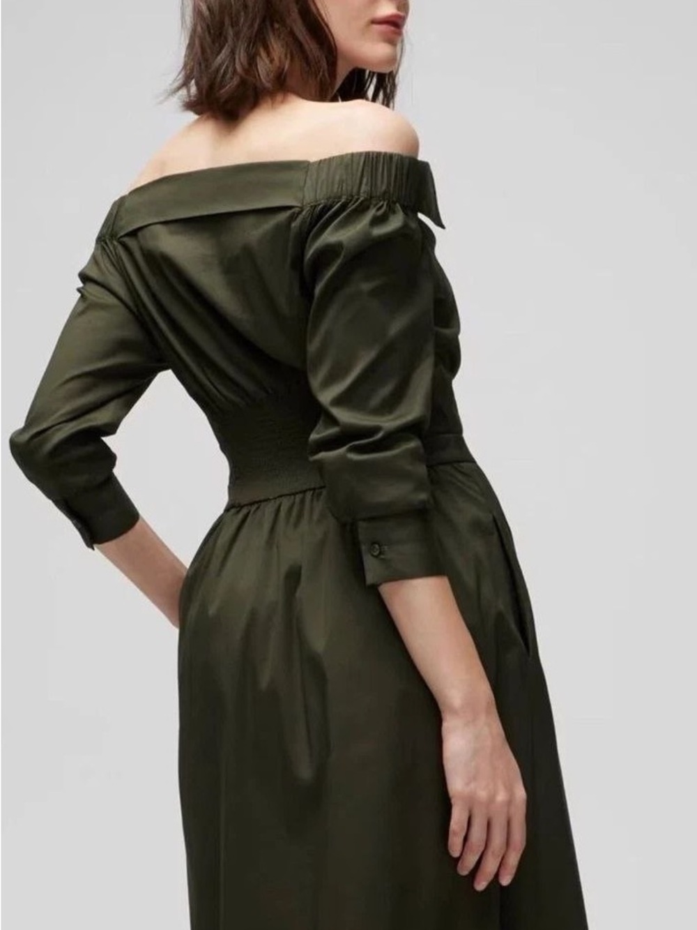 White House Black Market Olive Off-the-Shoulder Midi DressWrap Bust Size 4 - Picture 3 of 9